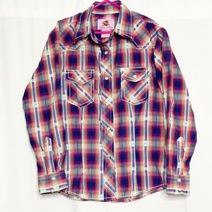 Wired Heart Western Shirt Girls L Pink Blue Plaid